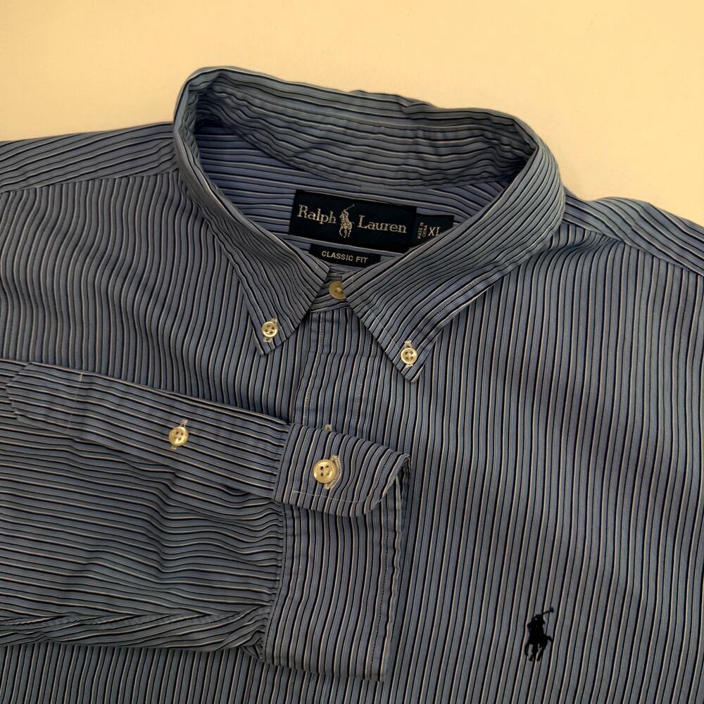 Ralph Lauren Mens XL Classic Fit Blue Striped 100% Cotton Button Down Shirt